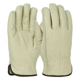 The PIP Top Grain Pigskin Leather Drivers Glove 994KP, part of the Protective Industrial Products brand, is presented in a light beige hue with noticeable stitching around the fingers and cuffs. This pair of gloves includes a keystone thumb for enhanced comfort and is displayed upright, showcasing one palm forward while the other reveals the back. These gloves are also equipped with thermal lining to ensure warmth.