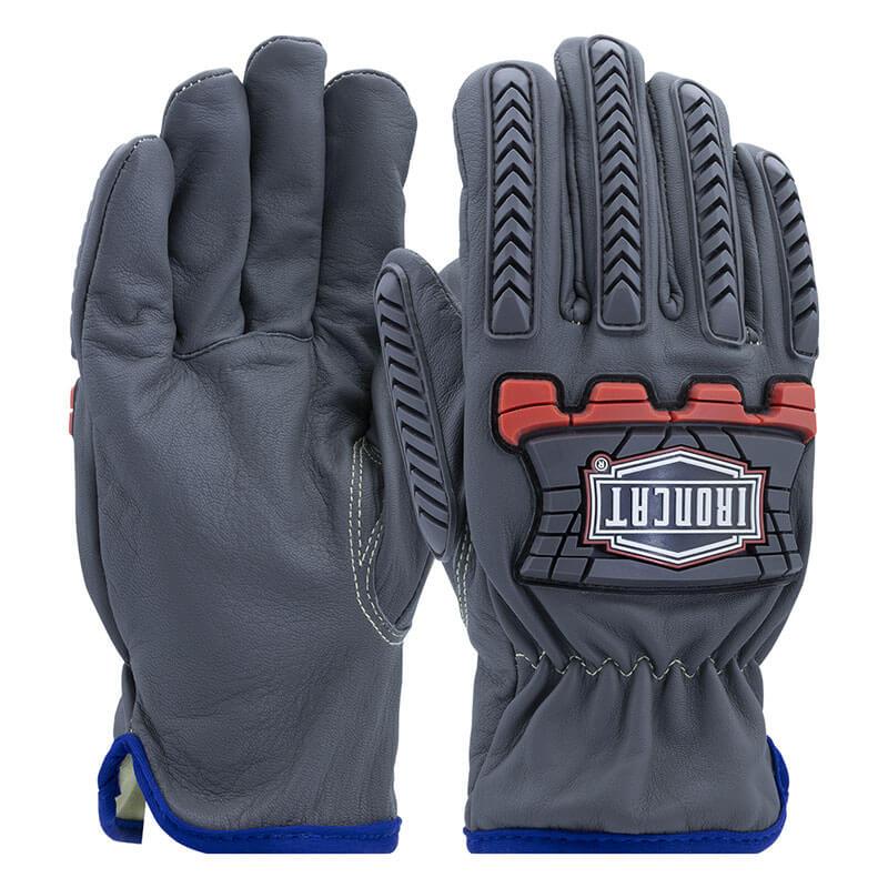 A pair of PIP Ironcat AR Leather Gloves by Protective Industrial Products, made from durable goatskin leather in gray with black textured grips and red accents on the knuckles. These gloves feature a cut and impact-resistant design, with one displaying a white and black rectangular logo. The wrist areas, enhanced with Oil Armor technology, are trimmed in blue for added protection.