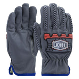 A pair of PIP Ironcat AR Leather Gloves by Protective Industrial Products, made from durable goatskin leather in gray with black textured grips and red accents on the knuckles. These gloves feature a cut and impact-resistant design, with one displaying a white and black rectangular logo. The wrist areas, enhanced with Oil Armor technology, are trimmed in blue for added protection.