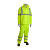 A mannequin showcases the PIP Hi-Visibility 2-Piece Reflective Rain Suit 353-1000 from Protective Industrial Products, featuring a vibrant yellow color with gray reflective stripes that comply with ANSI 107 standards. The ensemble includes a long-sleeved jacket and pants paired with black shoes, all set against a minimalistic white background that highlights the suit's vivid hue.