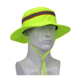 The PIP EZ-Cool Evaporative Cooling Ranger Hat 396-EZ450, from Protective Industrial Products, is displayed on a mannequin wearing a vibrant neon yellow wide-brimmed hat featuring a gray and orange reflective band with a chin strap for added cooling relief. Its lightweight design incorporates HyperKewl evaporative cooling technology to ensure you remain visible and cool.