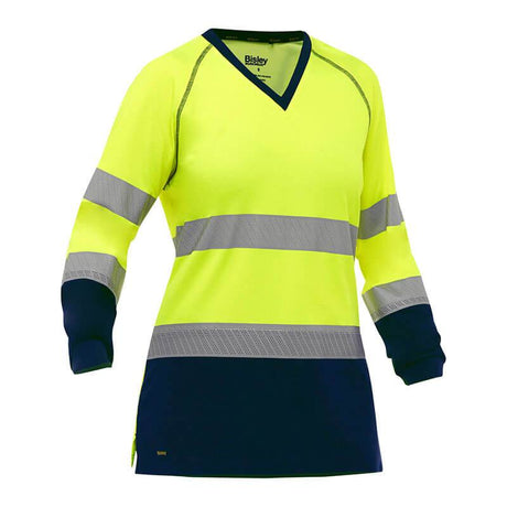 The PIP Bisley Women's Long Sleeve Shirt w/Navy Bottom 313W6118T by Protective Industrial Products is a fashionable, ANSI Type R Class 3 hi-visibility garment featuring bright yellow fabric with reflective silver stripes on the sleeves and torso. Its V-neck design and navy cuffs offer an ideal combination of safety and style.