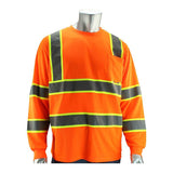 The PIP ANSI Type R Class 3 Two-Tone Long Sleeve T-Shirt 313-1345 by PIP - Protective Industrial Products is a bright orange safety shirt made from performance wicking fabric. It features long sleeves and reflective gray and yellow stripes, meeting ANSI Type R Class 3 standards. The shirt includes a chest pocket and is showcased on a silver mannequin to highlight its high-visibility design.