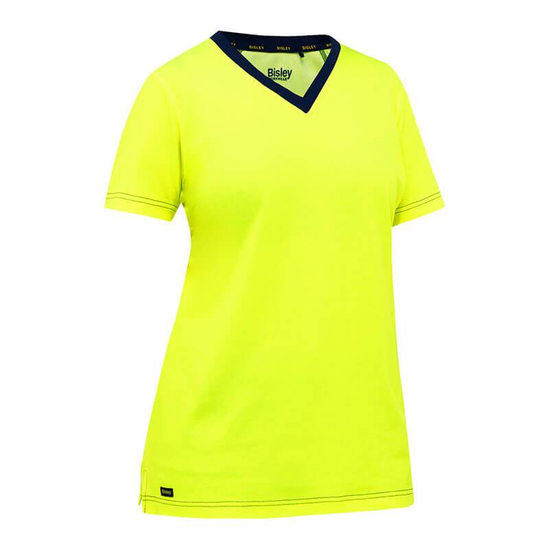 The PIP Bisley Non-ANSI Women's Short Sleeve T-Shirt 310W1118, from the renowned brand PIP - Protective Industrial Products, is a stylish women's V-neck short-sleeve top in bright yellow. It features a dark blue trim on the neckline and inner collar and is enhanced with an antimicrobial treatment for added practicality. Displayed against a white background, this T-shirt perfectly balances style and function.