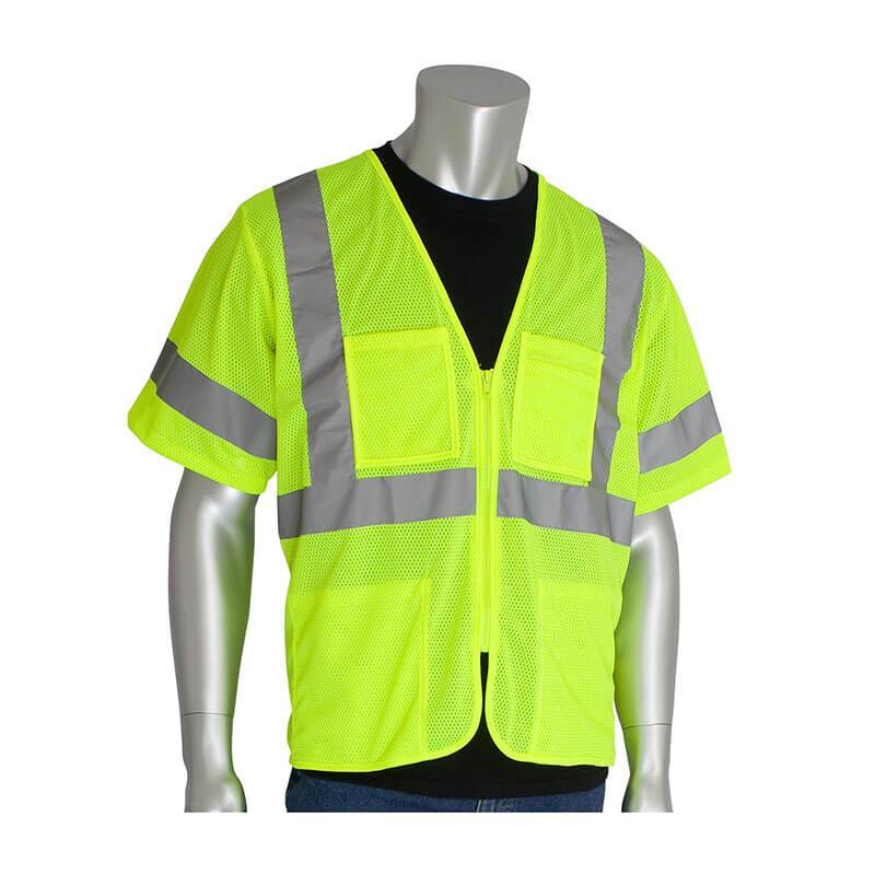 A mannequin wears the PIP ANSI Type R Class 3 Value Zipper Mesh Vest 303-MVG4P from Protective Industrial Products, showcasing its vibrant yellow design made from sturdy polyester mesh. The vest includes silver reflective tape and convenient pockets, all worn over a black shirt.