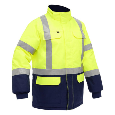 The PIP Bisley X-Back Extreme Cold Jacket w/Navy Bottom 343M6450X from Protective Industrial Products features a fluorescent yellow and navy blue design with reflective stripes. It is equipped with a front zipper, multiple pockets, a high collar, and elastic cuffs. Ideal for outdoor work environments, this jacket also provides thermal insulation for protection against extreme cold.