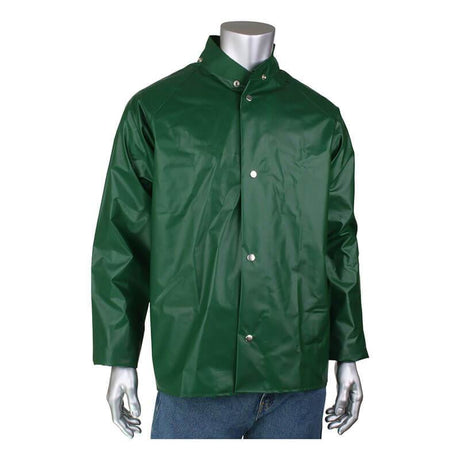 A mannequin showcases the PIP Boss TPU/Nylon Rain Jacket 201-500 from Protective Industrial Products, featuring silver snap buttons and paired with blue jeans. Made from TPU/nylon, this dark green coat includes a high collar and long sleeves to ensure excellent weather protection, all set against a plain white background.