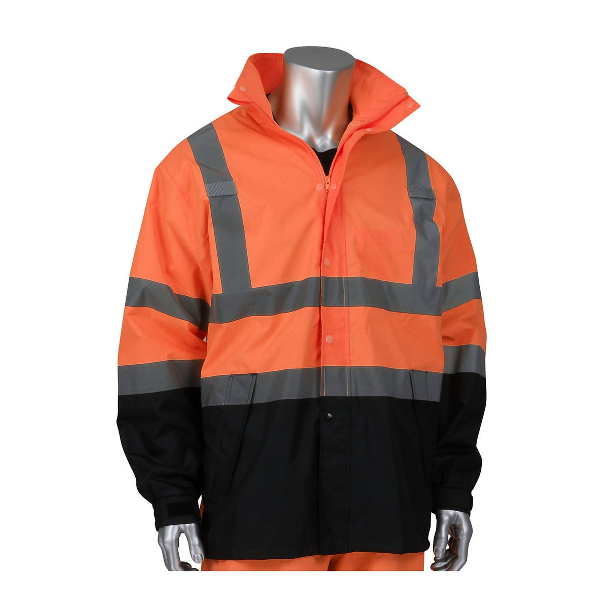 A mannequin is showcasing the PIP Viz All Purpose Waterproof Jacket w/Black Bottom 353-1200 by Protective Industrial Products. This high-visibility jacket features orange and black color blocks along with reflective horizontal and vertical stripes, ensuring it meets ANSI compliance standards for safety.