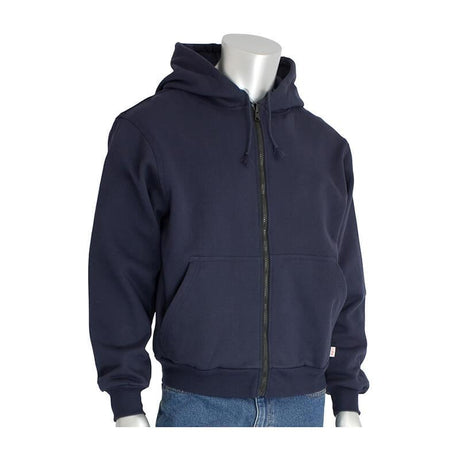 A PIP FR/AR Fleece Zip Front Hoodie 385-FRZH in navy blue, complete with a drawstring hood, is displayed on a mannequin. This PPE 2-rated item from PIP - Protective Industrial Products includes a front zipper and a spacious front pocket. The mannequin is also attired in blue jeans.