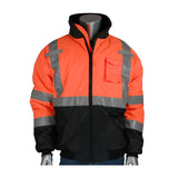 The PIP Value Black Bottom Bomber Jacket 333-1740, from PIP - Protective Industrial Products, is a hi-vis jacket showcased on a mannequin against a white background. It features an orange upper half, black lower half, and reflective gray stripes across the chest, arms, and shoulders. This waterproof bomber jacket also includes a high collar and chest pocket.