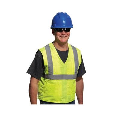 A person wearing a blue hard hat, sunglasses, a black shirt, and the PIP EZ-Cool FLASH Hi-Vis Yellow Evaporative Cooling Vest 390-EZ202 from PIP - Protective Industrial Products smiles against a white background.