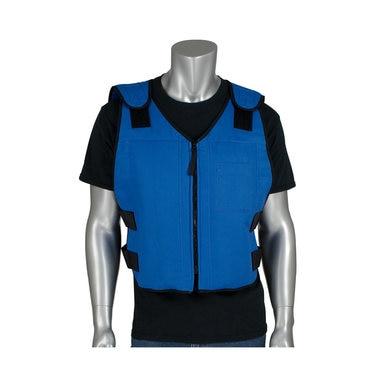 A mannequin is wearing the PIP EZ-Cool Phase Change Active Fit Cooling Vest 390-EZSPC, designed by Protective Industrial Products, which is blue and crafted with phase change materials for optimal temperature control. It is layered over a black T-shirt and features adjustable straps on the shoulders and sides.