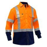 The PIP Bisley Long Sleeve Work Shirt w/X-Airflow 313M6491H by PIP - Protective Industrial Products features neon orange fabric complemented by reflective silver stripes on the chest and arms. It includes navy blue accents, chest pockets, and a button closure to enhance both safety and style.