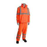 A mannequin is dressed in a PIP Hi-Visibility 2-Piece Reflective Rain Suit 353-1000 by Protective Industrial Products. This ensemble features an orange reflective safety suit, including a high-visibility jacket and pants with silver reflective stripes, resembling an ANSI 107 compliant waterproof rainsuit. It pairs perfectly with black shoes for maximum visibility and protection.