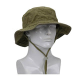 The PIP EZ-Cool Evaporative Cooling Ranger Hat 396-EZ450 from Protective Industrial Products graces a mannequin head with its olive green hue, featuring a quilted pattern, metallic eyelets on each side, and an adjustable chin strap. Designed with HyperKewl technology, it provides cooling relief for those warm days.