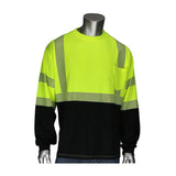 A mannequin displays the PIP ANSI Type R Class 3 Black Bottom Long Sleeve T-shirt from the hi-visibility apparel line by Protective Industrial Products. The shirt features a fluorescent yellow color with reflective stripes and a black lower section, along with a handy chest pocket on the left side.