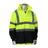 Displayed on a mannequin, the PIP Viz All Purpose Waterproof Jacket w/Black Bottom 353-1200 by PIP - Protective Industrial Products features bright yellow fabric with reflective gray stripes and black lower sections, making it ideal for enhancing visibility in low-light conditions. This waterproof jacket is ANSI compliant, ensuring both safety and durability.