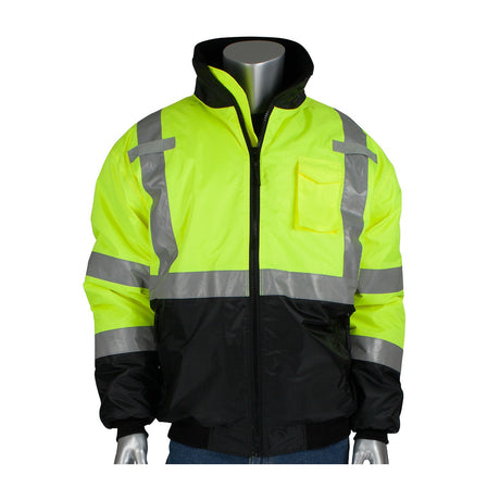 A mannequin showcases a PIP Value Black Bottom Bomber Jacket (model 333-1740) by PIP - Protective Industrial Products, in neon yellow and black. The jacket features reflective tape on the chest, sleeves, and waist. As a waterproof bomber jacket, it includes a front zipper and a chest pocket to enhance safety in low-light conditions while ensuring dryness.