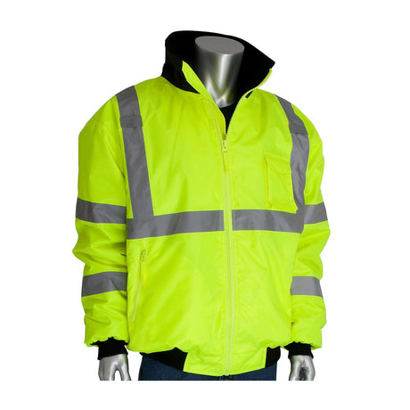 The PIP Bomber Jacket with Zip-Out Fleece Liner 333-1762 by PIP - Protective Industrial Products is a sturdy, high-visibility yellow jacket adorned with gray reflective stripes encircling the chest, sleeves, and torso. It boasts a zipper closure, a stand-up collar, and ribbed cuffs. This waterproof jacket is presented on a metallic mannequin without an apparent head.