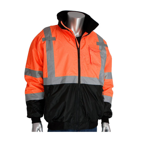 A mannequin showcases the PIP Waterproof Reflective Value Bomber Jacket 333-1766 in vibrant orange and black. This ANSI Class 3 jacket features reflective stripes on the sleeves, chest, and waist, along with a zippered front and a sleek black collar for added style. The jacket is brought to you by PIP - Protective Industrial Products.