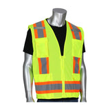 The mannequin displays the PIP ANSI Type R Class 2 Two-Tone Mesh Surveyors Vest 302-0500M in a vibrant yellow, highlighted with orange and gray reflective stripes. This Hi-Vis vest by Protective Industrial Products is worn over a black shirt and is equipped with large front pockets, enhancing its practicality.