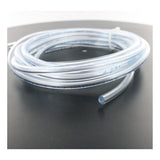 A coiled, transparent BW Technologies by Honeywell Tygon Calibration Hose 1 ft (C2-HOSE1-1) with blue markings rests on a black surface, its hollow end visible—designed as a Gas Detector Accessory for GasAlertMicroClip X3 devices.