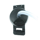 A close-up of the BW Honeywell Manual Aspirator Pump (MC-AS01) for GasAlertMicroClip, a black plastic circular accessory by BW Technologies, with a clear tube at the top center, slots on both ends, and raised text around the tube connection.