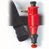 The Allegro High Pressure Heater w/ Belt, Vortex Style by Allegro is a red nozzle featuring an adjustable black strap and buckle. It includes a textured handle and metal connector, designed for efficient water flow control with vortex tube-inspired elements to enhance air temperature controller functions.