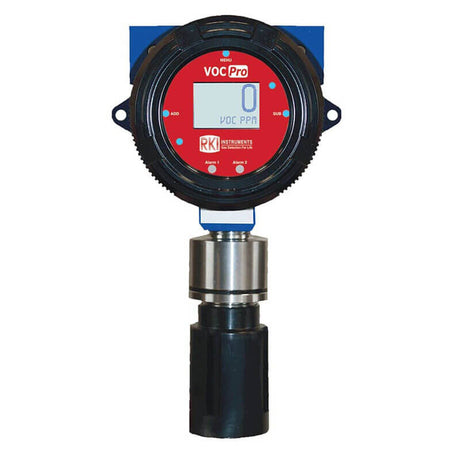 The RKI Instruments RKI VOC Pro (11.7 eV PID) Sensor/Transmitter 66-6194-10 is a sleek black and blue explosion-proof digital gas detector featuring a circular display with "VOCPro" on a red background, currently reading "0 VOC PPM." This device includes a VOC sensor and has a cylindrical attachment at the bottom.