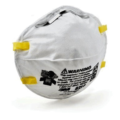 A 3M 8210 N95 General Use Respirator from 3M, featuring a white mask with yellow straps, is shown. Warning text and safety symbols on the front highlight its worker protection features and manufacturer details.