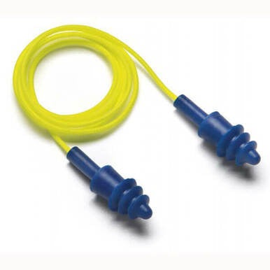 Pyramex Corded Triple Flange Reuseable Earplugs from Pyramex Safety come in yellow with a blue design at each end, designed for optimal hearing protection and reusability.