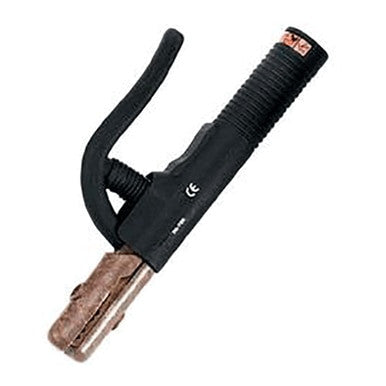 The RADNOR 300 Amp Electrode Holder Model PA-732 4002062 by Radnor boasts an ergonomic design with a copper-hued clamp known for its high conductivity. The textured grip and control lever enhance precision, while the brand logo is prominently displayed near the top. This electrode holder is ideal for securely holding welding rods during use.