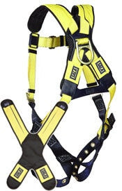 Introducing the DBI-SALA Delta Comfort Back Pad by 3M DBI-SALA Fall Protection, a yellow and black safety harness with an innovative design. It features multiple straps and buckles, making it ideal for construction or climbing. This harness includes a Delta Comfort Back Pad for enhanced comfort and metal rings for secure attachment points.