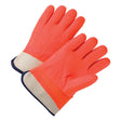 The PIP PVC Dipped Glove with Jersey Liner and Rough Finish 1017ORF presents a pair of high-visibility safety gloves boasting a vibrant orange color. Designed for water resistance and insulation, these gloves feature beige fabric cuffs and dark blue trim. Positioned side by side, their palms face down. Brought to you by PIP - Protective Industrial Products, this product ensures durability and protection.