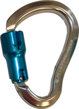 A close-up image features the French Creek Aluminum Twist-Lock Carabiner 354-3A, highlighting its high-strength aluminum construction and teal twist-locking mechanism. The carabiner's shiny silver finish emphasizes its compliance with ANSI Z359 standards, while it is slightly open to showcase its secure and functional design.