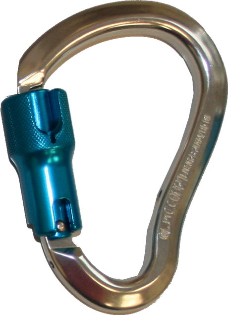 A close-up image features the French Creek Aluminum Twist-Lock Carabiner 354-3A, highlighting its high-strength aluminum construction and teal twist-locking mechanism. The carabiner's shiny silver finish emphasizes its compliance with ANSI Z359 standards, while it is slightly open to showcase its secure and functional design.