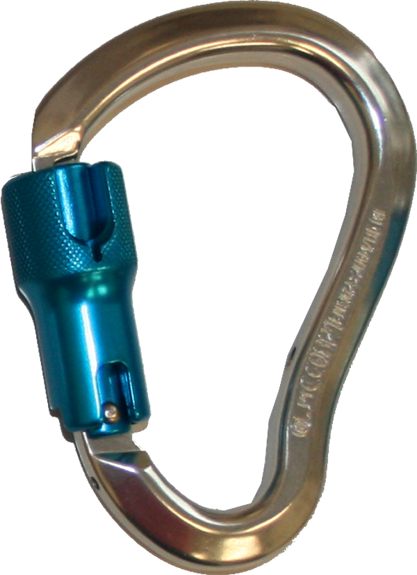 A close-up image features the French Creek Aluminum Twist-Lock Carabiner 354-3A, highlighting its high-strength aluminum construction and teal twist-locking mechanism. The carabiner's shiny silver finish emphasizes its compliance with ANSI Z359 standards, while it is slightly open to showcase its secure and functional design.