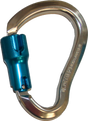 A close-up image features the French Creek Aluminum Twist-Lock Carabiner 354-3A, highlighting its high-strength aluminum construction and teal twist-locking mechanism. The carabiner's shiny silver finish emphasizes its compliance with ANSI Z359 standards, while it is slightly open to showcase its secure and functional design.