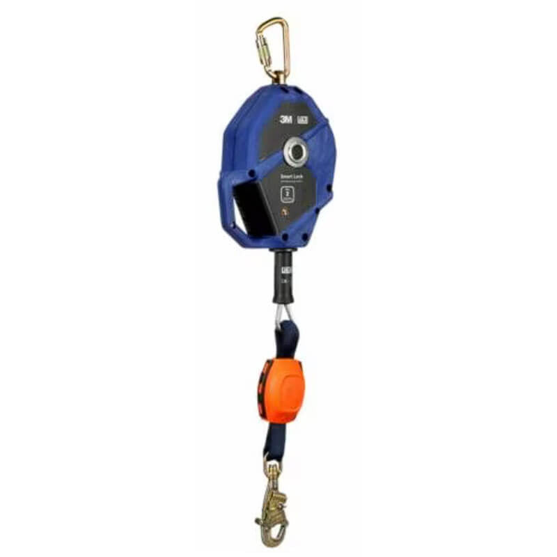 A blue 3M DBI-SALA Smart Lock Edge SRL retractable fall arrester, model number 3503381, featuring a galvanized cable and classed as Class 2, is attached to a safety harness through an orange mechanism and swivel snap hook.