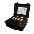 The AimSafety Multi-Gas Monitor Calibration/Bump Test Station by AimSafety includes a black carrying case that holds four orange PM400 monitors, each equipped with buttons and displays. It is ideal for calibrating gas monitors, and the attached instruction sheet on the lid ensures easy setup wherever you need your portable bump test station.