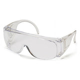 The Pyramex Solo Clear Lens Visitors Safety Glasses, offered by Pyramex Safety and available in a box of 12, feature a wraparound design with side shields and a curved nosepiece for a secure fit, providing reliable eye protection.