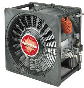 The RamFan AFi50XX 16 in. Intrinsically Safe Air Driven Blower, produced by Euramco, is a large industrial fan featuring a protective metal grille and black frame, making it perfect for hazardous work environments. It prominently displays the "RAMFAN" branding in red and white at the center and includes an orange coil with a pressure gauge on the side, ensuring its reliability as a pneumatic blower.