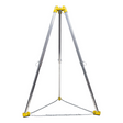 Introducing the French Creek 9ft Aluminum Tripod TP9 by French Creek Production, a collapsible tripod designed for confined space operations. Featuring an aluminum structure with a yellow head and base, its adjustable legs include multiple holes for height adjustment. A metal chain connecting the three legs enhances stability, making it an essential piece of safety equipment.