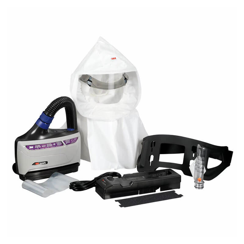 The 3M Versaflo Easy Clean PAPR Kit TR-600-ECK by 3M includes a hood with clear visor, blower unit with hose, battery, belt, charger, filter, and accessories—all displayed on a white background.