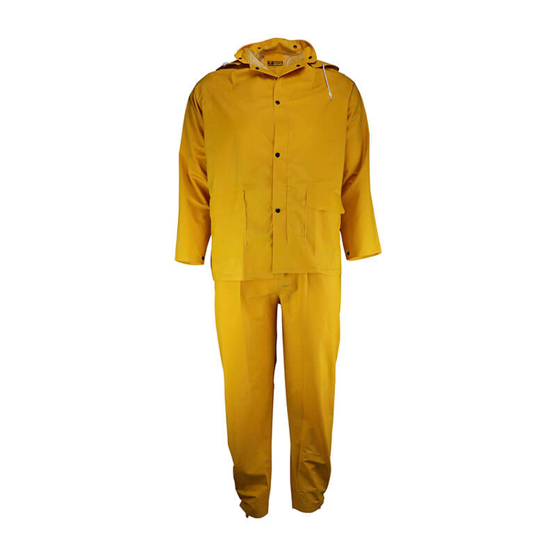 The PIP Base35FR FR 3-Piece Rainsuit 4035FR by PIP, in yellow PVC polyester, features a hooded jacket with buttons and front pockets plus matching pants, displayed on a plain white background.