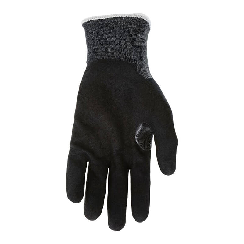 The MCR Safety Cut Pro 18 Gauge Kevlar Sandy Nitrile Foam Gloves 9188SFB feature a black cut-resistant design with a light gray cuff and textured palm, offering ANSI Cut Level A4 protection—ideal for tough tasks. Sold in packs of 12 pairs.
