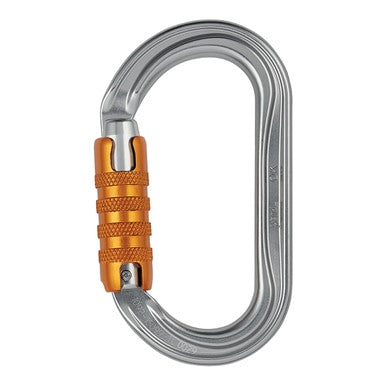 The Petzl OK TRIACT-LOCK Carabiner M33A TL, a lightweight aluminum carabiner from Petzl, highlights its orange TRIACT-LOCK mechanism against a white background. Engineered for climbing safety, this symmetrical oval-shaped carabiner ensures secure fastening with its innovative locking design.