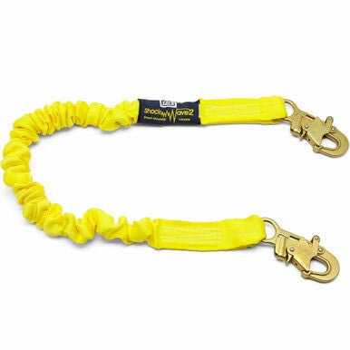 A DBI-SALA ShockWave2 6 ft. Single-Leg Stretch Lanyard (model number 1244306) from 3M DBI-SALA Fall Protection featuring a yellow design with abrasion-resistant webbing and metal hooks at both ends. The lanyard is slightly coiled, includes a label at the center, and complies with OSHA ANSI Standards for safety.