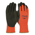 A pair of GLOVES, PIP POWERGRAB THERMO HI-VIS, features a vivid orange design with contrasting black palms and fingers. These gloves from the PIP - Protective Industrial Products brand incorporate MicroFinish grip on the back, ensuring durability and making them perfect for heavy-duty tasks.