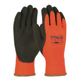 A pair of GLOVES, PIP POWERGRAB THERMO HI-VIS, features a vivid orange design with contrasting black palms and fingers. These gloves from the PIP - Protective Industrial Products brand incorporate MicroFinish grip on the back, ensuring durability and making them perfect for heavy-duty tasks.